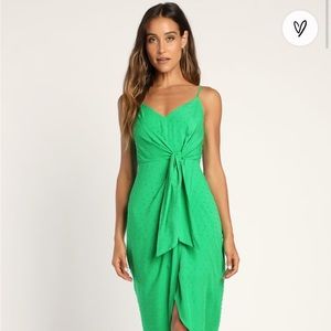 Lulus Made to be Memorable Green Swiss Dot Tie-Front Tulip Midi Dress